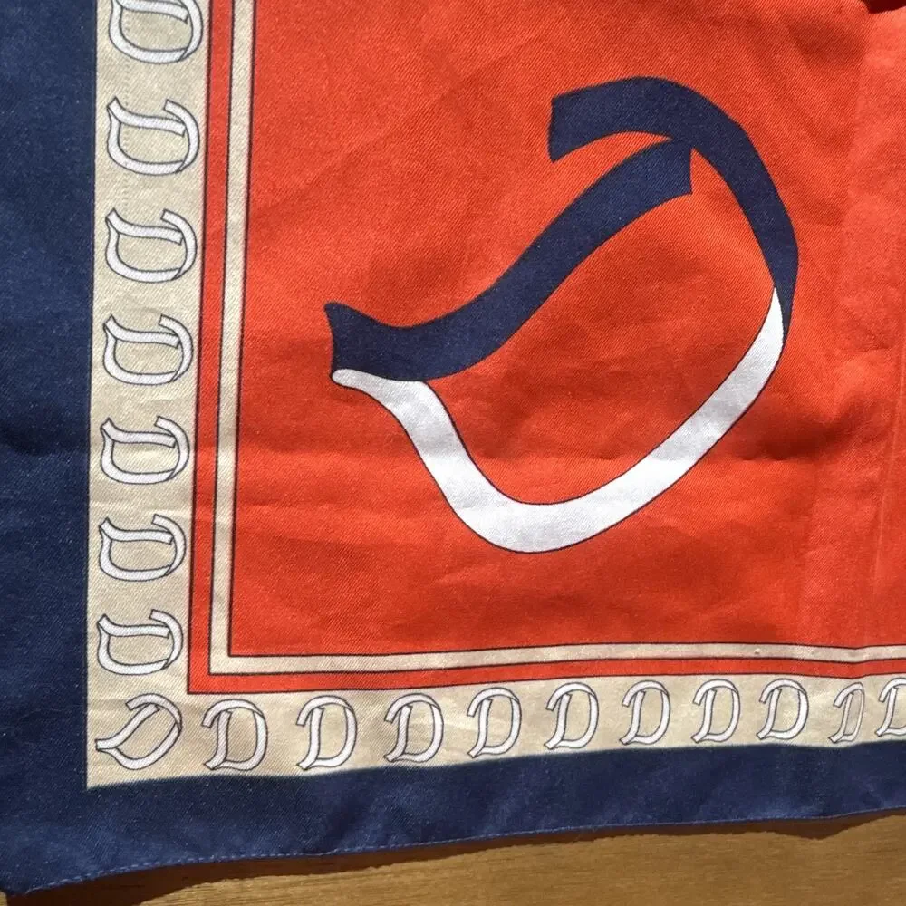 Women's Orange Blue White Silk Satin Square Scarf Logo Border Pattern equestrian